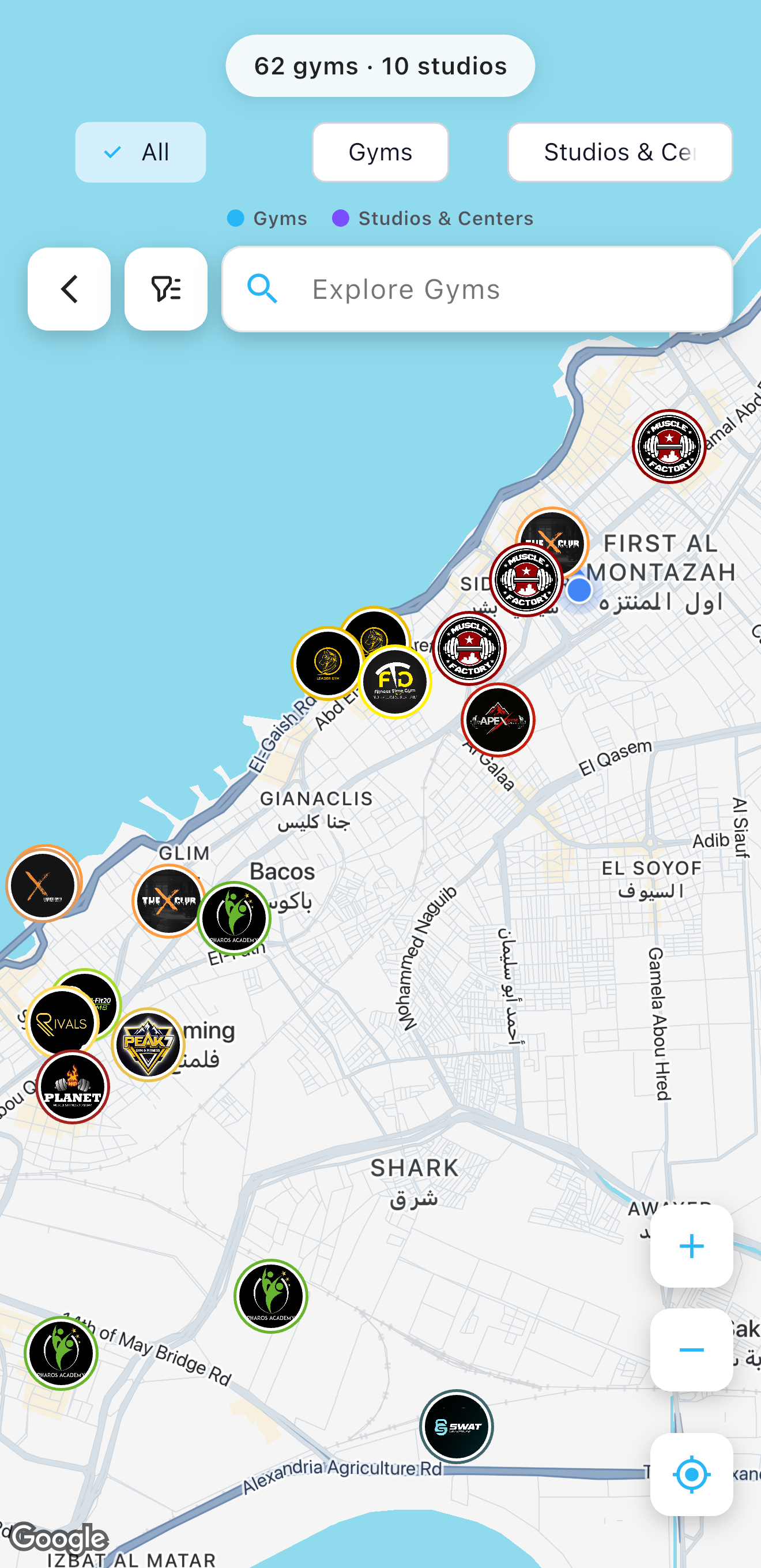 Kaimen app map showing partner gyms and studios