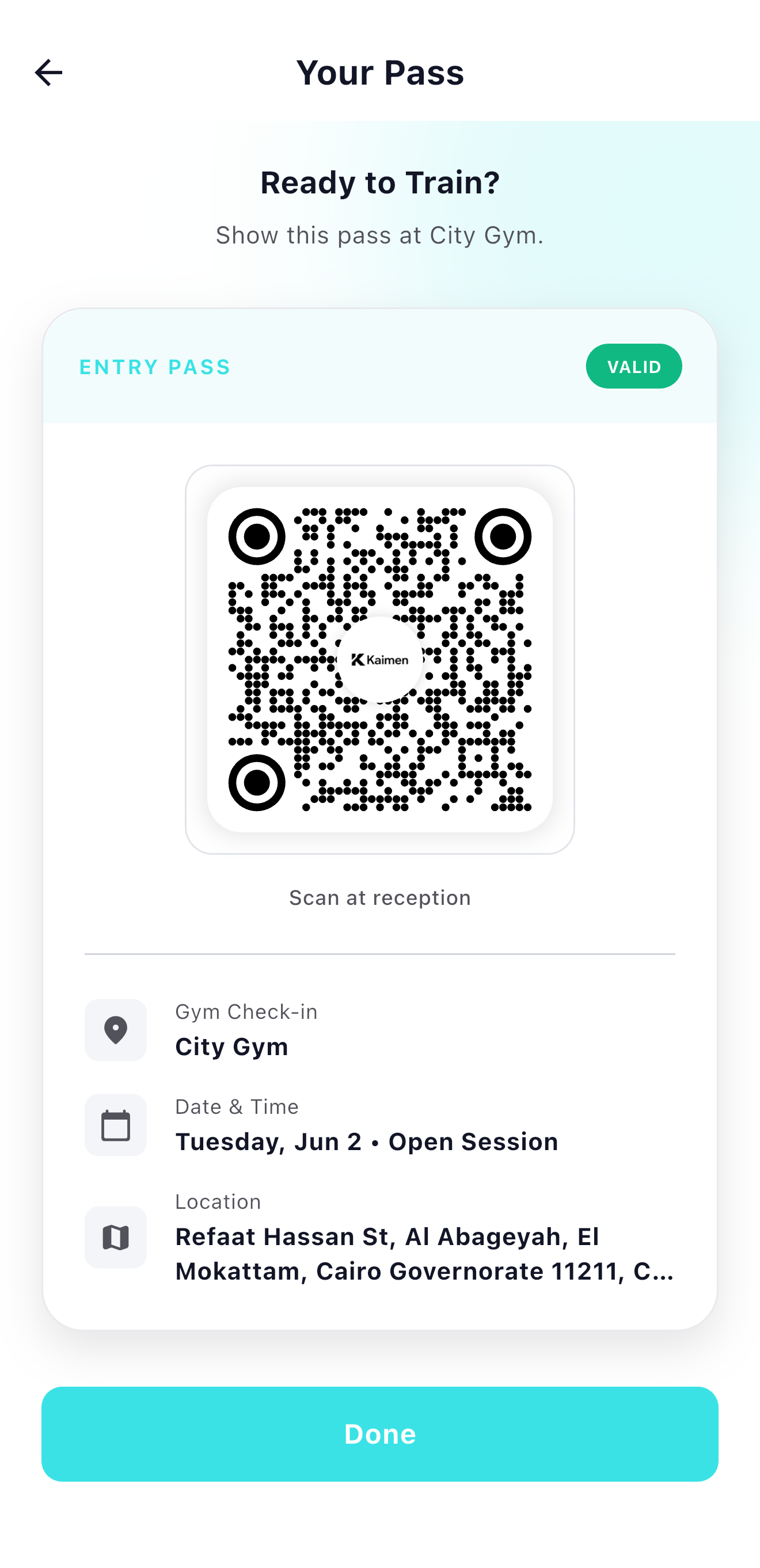 Kaimen app QR check-in screen